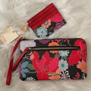 TRINA TURK Floral Printed Wristlet & Card Case Set in Black/Red Multi